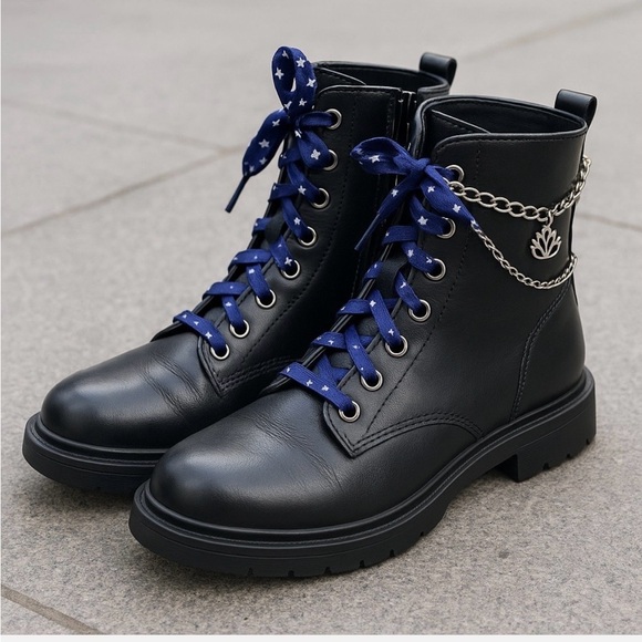 Shoes - Black Leather Ankle Boots with Blue Laces